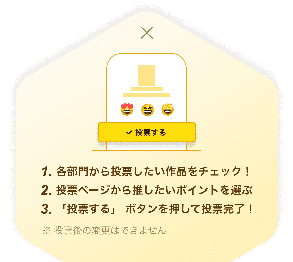 1. 各部門から投票したい作品をチェック！ 2. 投票ページから推したいポイントを選ぶ 3. 「投票する」ボタンを押して投票完了！　※投票後の変更はできません